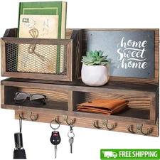Pine Wood Wall Mount Key Holder Organizer W/ Hooks Mail Storage & Blackboard New