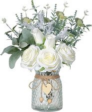 Faux Flowers with Vase Artificial White Rose Flowers in Vase Fake Eucalyptus Pla