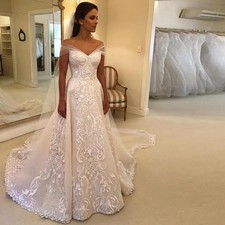 Vintage Off The Shoulder Lace Appliques Wedding Dresses Sweep Train Bridal Gowns