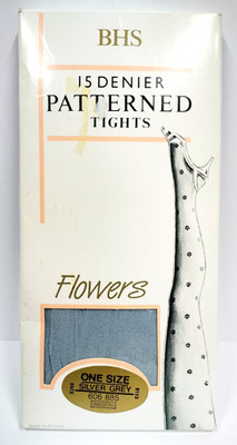 BHS 1987 Vintage 15 Denier Flowers Patterned Silver Grey Tights Size To 42''Hips