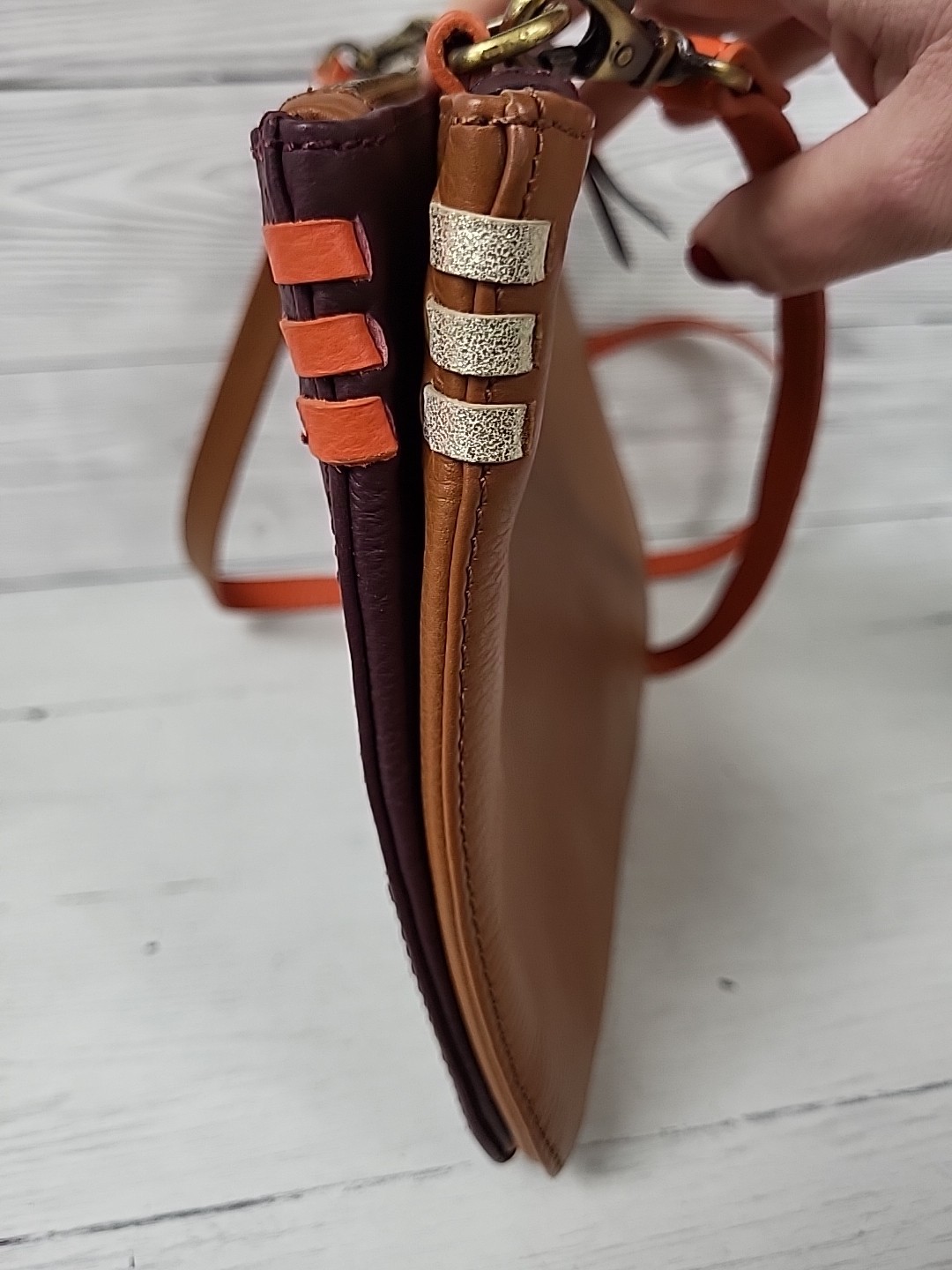 White Stuff Leather Plum/Tan Rectangular Crossbod… - image 6