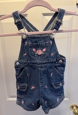 Vintage Toddler Girls 18 Month Snap Bottom Denim Shortalls Embroidered Roses