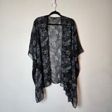 Steve Madden Womens Black Grey Tropical Floral Sheer Kimono Wrap Crover- up OSFM