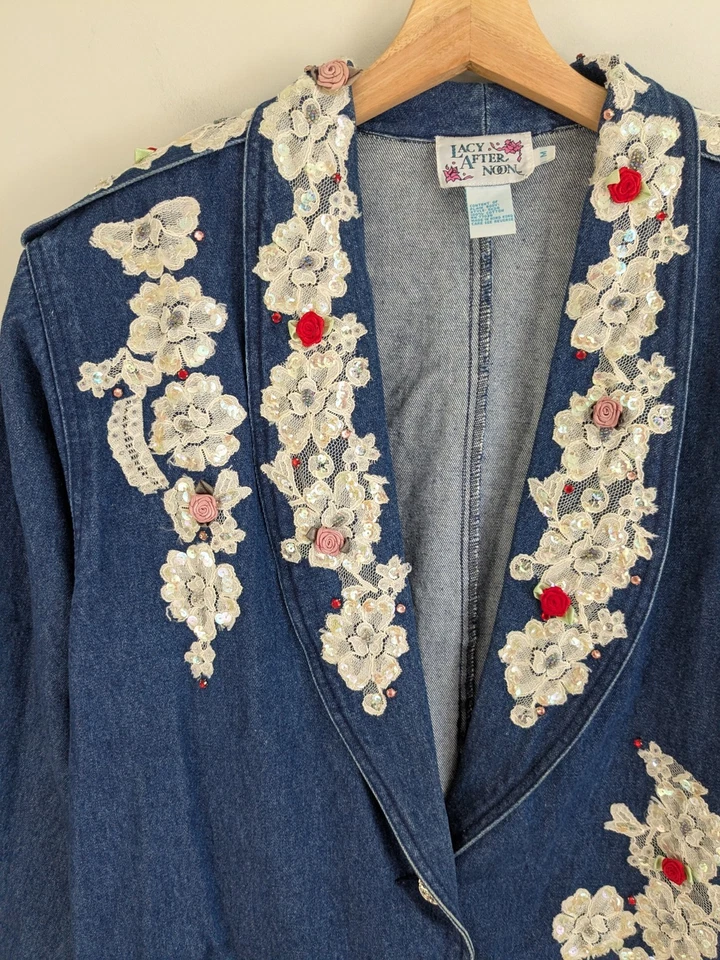 Chaqueta Blazer De Colección Años 80 Embellecida Denim Para Mujer M Encaje Lentejuelas Victoriana Casa de Campo Foto 2 de 4