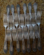 SET OF 12+1 BAROQUE USSR RUSSIAN MELCHIOR SILVERPLATED DINNER FORKS 8.25"