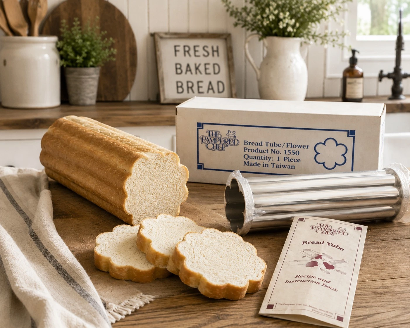 Vintage Pampered Chef Flower Bread Tube Baking Mold #1550 w/ Recipe Book & Box