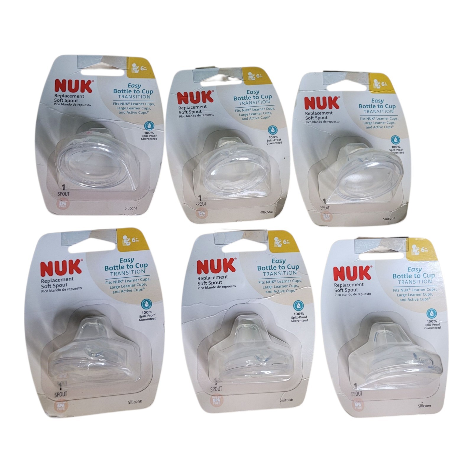 Lot of 6 NUK Replacement Soft Spout Silicone 6m+ Learner Active Cups BPA Free