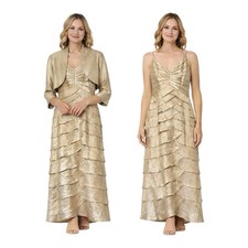 Adrianna Papell Satin Tiered Maxi Gown & Bolero 2 Piece Set Dress Champagne Sz 8
