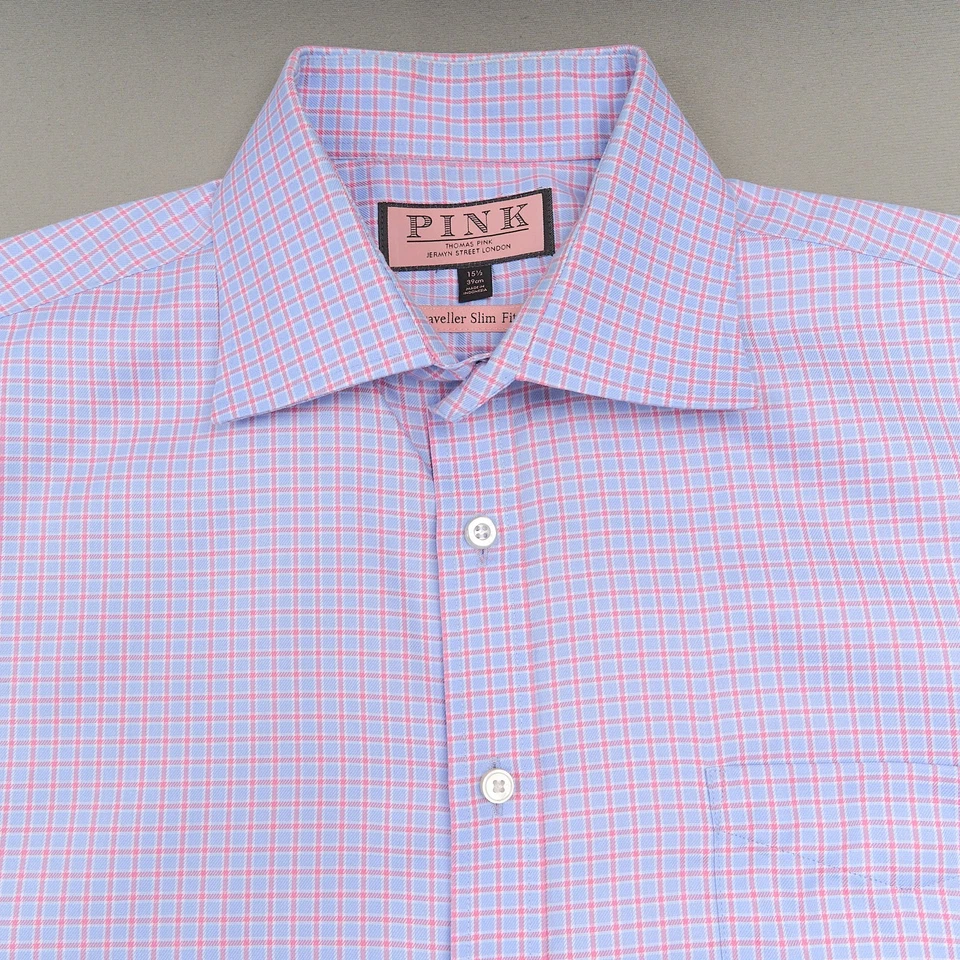 Thomas Pink Dress Shirt 15.5 Blue Pink Cotton Traveller Slim Fit Spread Collar - Image 2 of 4