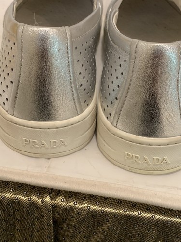 PRADA FLAT SILVER METALIC SLIP ON SHOES LOGO SZ 40 EXCELLENT - Picture 3 of 5