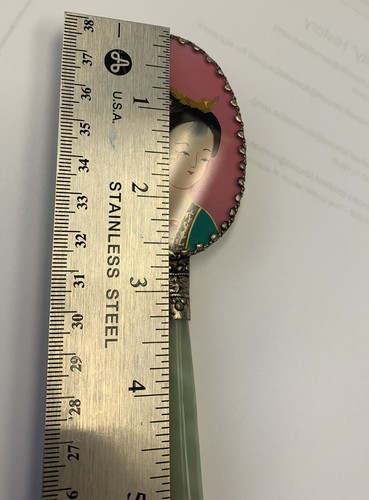 Espejo de mano chino pequeño con mango de jade bajo vidrio decorado a mano tono plateado de colección - Imagen 2 de 7