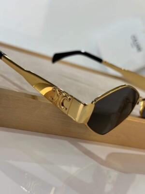 Celine Gold Frame Black Lens Hexagonal Sunglasses WITH BOX Gold Sunglasses Celine Triomphe Metal Glasses in a Box for  main image 3