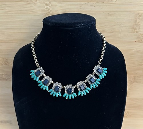J.Crew Antique Gold Tone Blue Teal Rhinestone Statement Necklace 17.5-20”