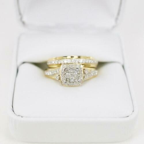 3 CT Moissanite Trio Halo Engagement Ring & Eternity Band Set Yellow Gold Plated - Imagen 2 de 5