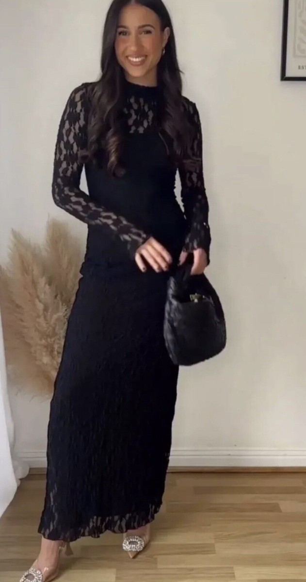 Zara Lace Midi Dress High Neck Long Sleeves Black Size XS 8342/239