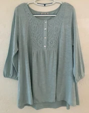 LOGO by Lori Goldstein Knit Top w/Button Front Lace Placket Boho Peasant