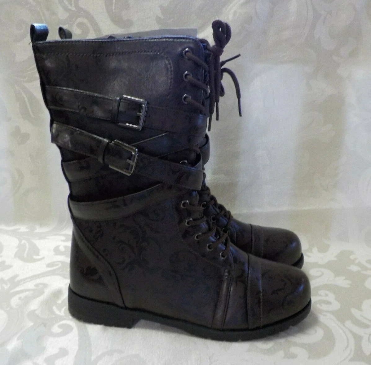 Max Collection Tina Art Combat Boot Size 8M NIB Brown Floral Faux