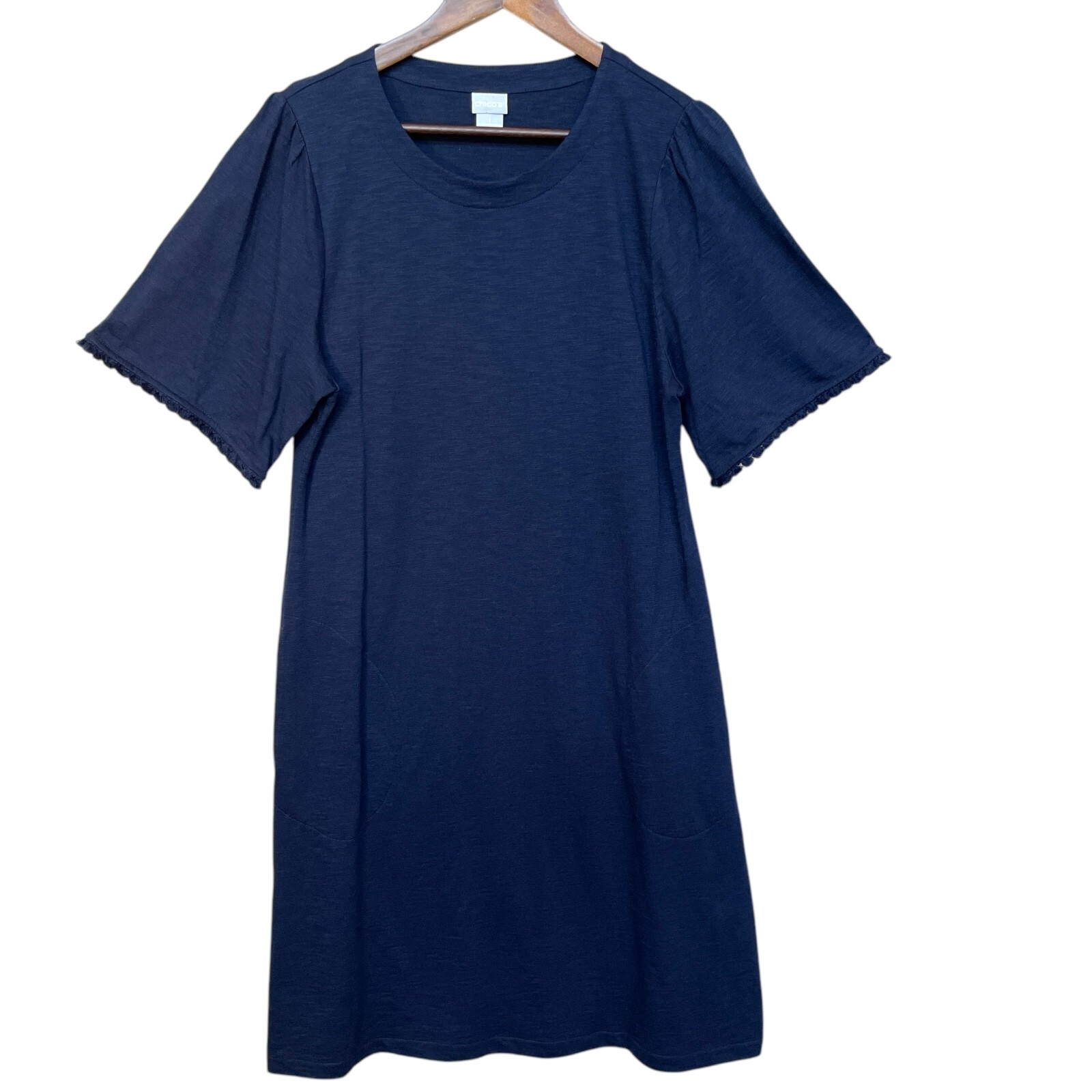Chico's Women Tulip Sleeve Sneaker Dress Size (1) M Blue Pockets Knee Length