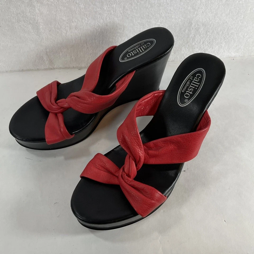 Sandalias para mujer Callisto California rojas entrecruzadas tacón de cuña punta abierta talla 6 Foto 3 de 4