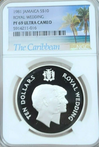 1981 JAMAICA SILVER 10 DOLLARS ROYAL WEDDING NGC PF 69 ULTRA CAMEO RARE TOP POP