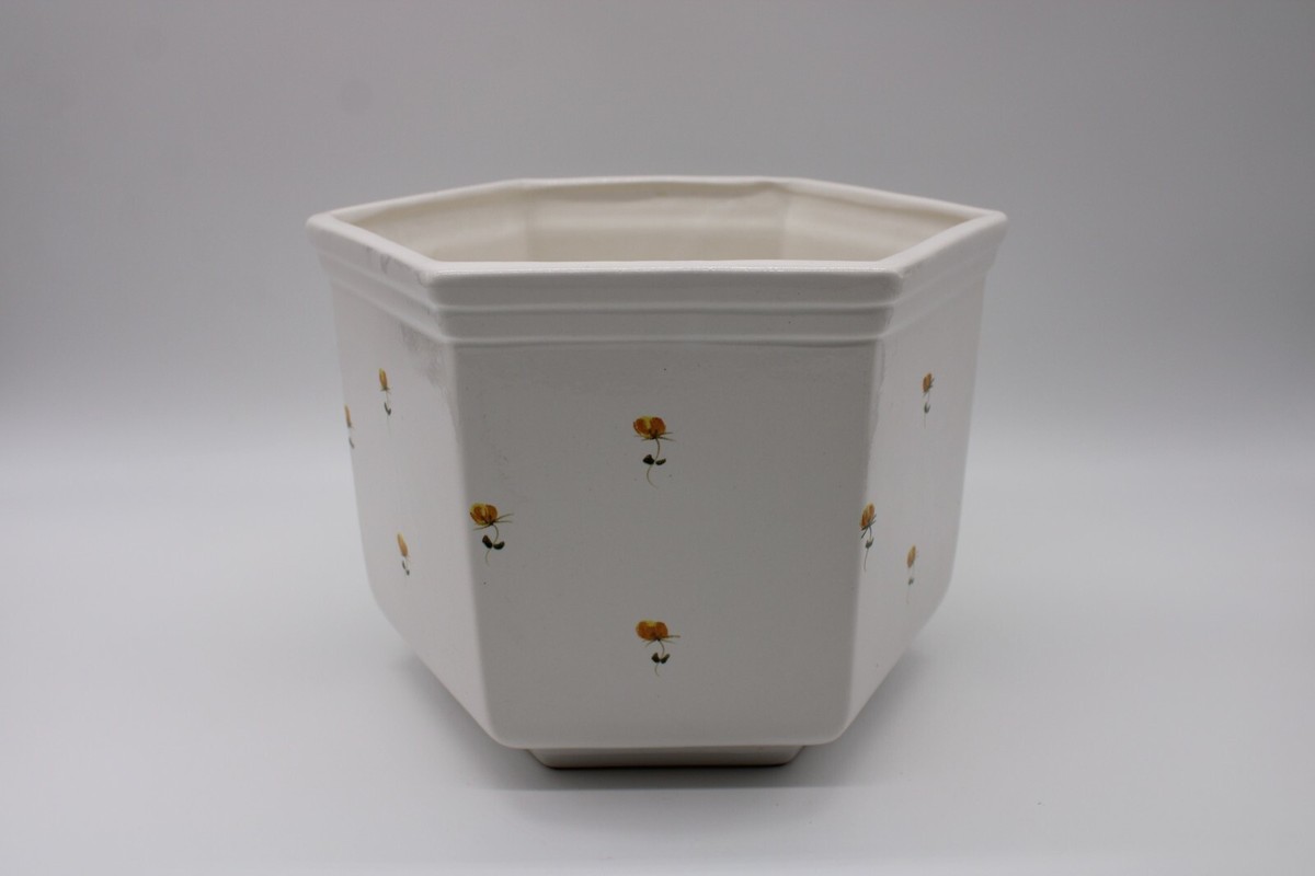 Vintage Ceramic Planter or Bowl - Hexagon - White w Yellow Flowers