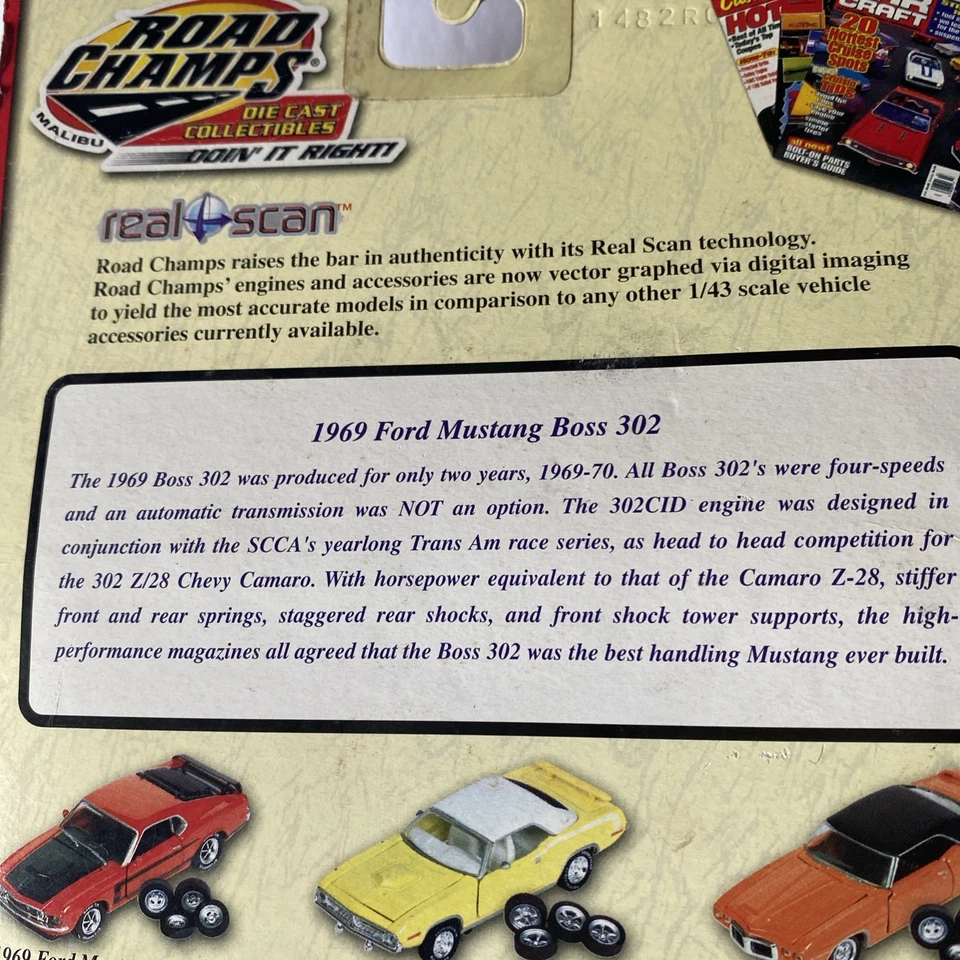 ROAD CHAMPS 1969 FORD MUSTANG BOSS 302 RED REAL SCAN TIRES 1/43 O Scale - Image 3 of 4