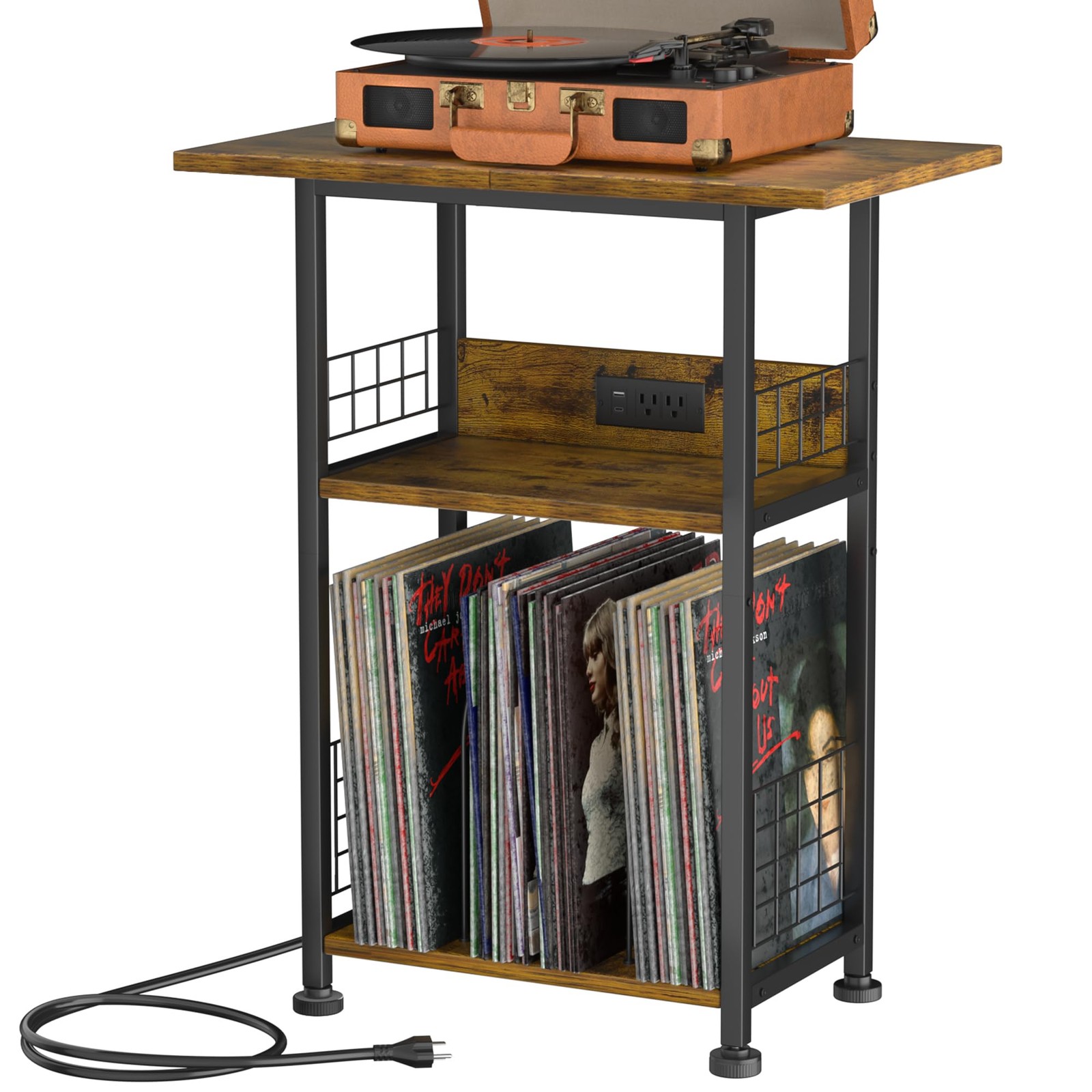 Record Player Stand - 3-Tier Rustic Brown Vinyl Storage Table with Charging S...
