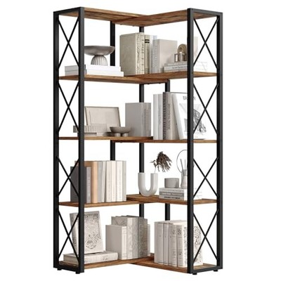  Corner Bookshelf, 5-Tier Industrial Corner Bookcase, Open Display Storage 