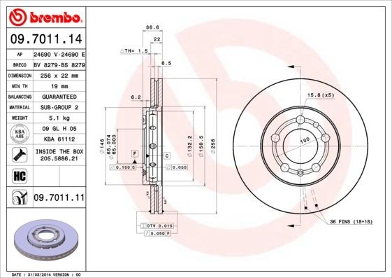 Disque de frein BREMBO à haute dissipation thermique 09.7011.11 pour Seat et Skoda
