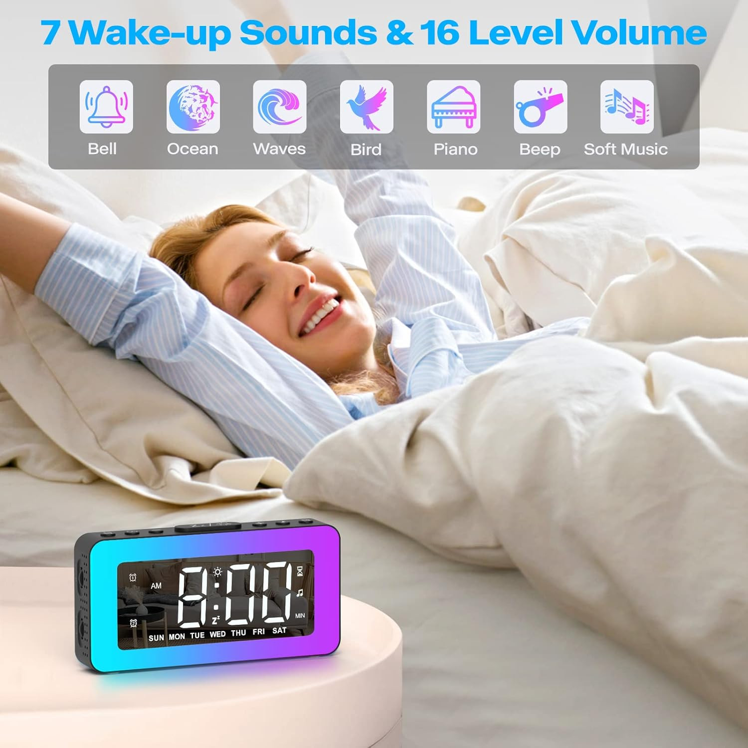 Kids Alarm Clock for Bedroom, Mirrored Digital Clock with 8 RGB Night Lights, 0%