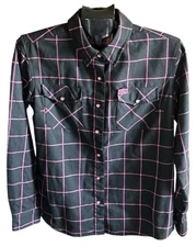 Dixxon Flannel Hope Plaid D-Tech Breast Cancer Awareness Black Pink Button Shirt