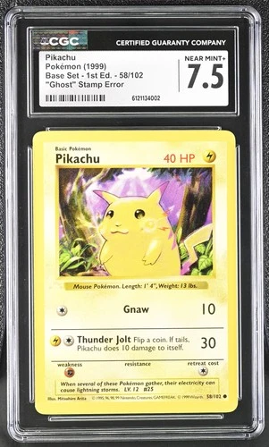 CGC 7.5 Pikachu Base Set 1st Edition 58/102 "Ghost" Stamp Error Pokemon Card