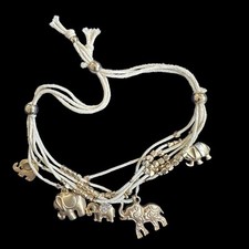 Elephant Bracelet Natural Cord Goldtone Charms Beads Adjustable Slide