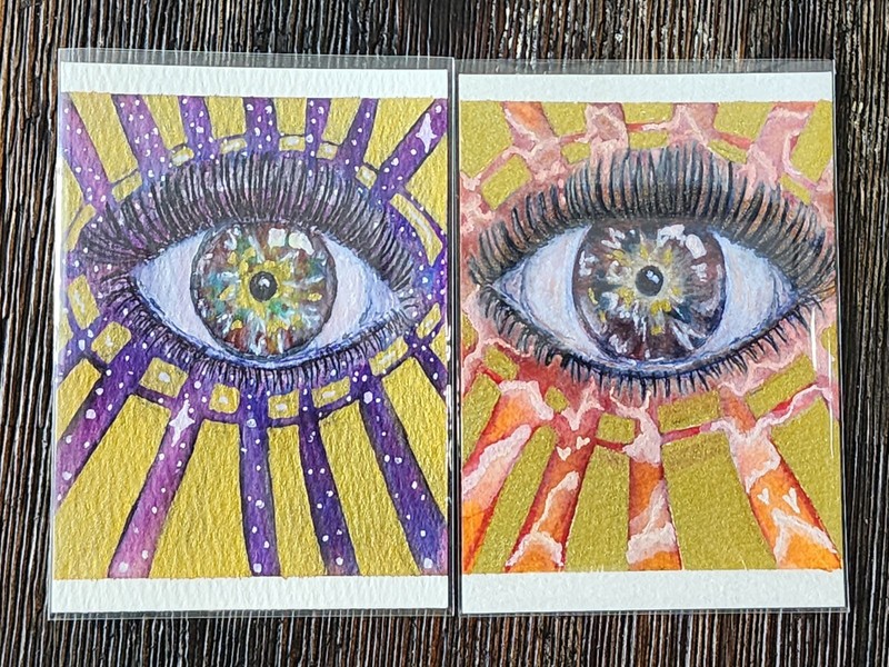 ACEO Watercolor And Gel Pens 2.5"x3.5 Art Card. Signed. Night And Day Eyes