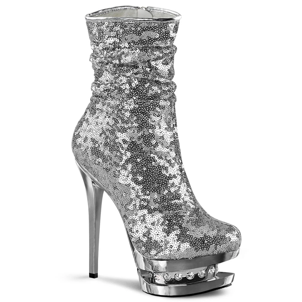 BLONDIE-R-1009 Pleaser High-Heels Stiefeletten silber Chrom Pailletten Strass - Bild 1 von 1