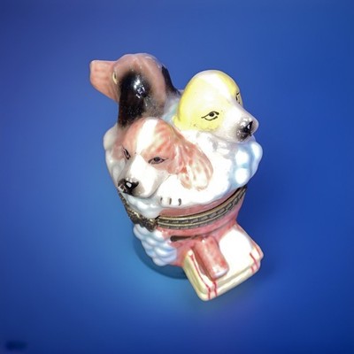 Trinket Box 3 Puppies In A Sudsy Bucket Porcelain Bone Trinket
