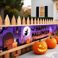 Happy Halloween Banner 120in × 20in 300x50cm, Gold 