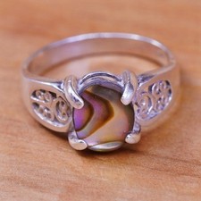 Size 8.25, vintage sterling 925 silver handmade filigree ring with abalone