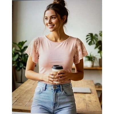 Gap Pastel Pink Flutter Sleeve Scoop Neck Top L