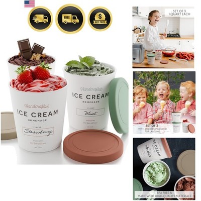 Set of 3 Reusable Ice Cream Containers 1 Quarts ea. - Perfect for Homemade So...