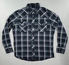 Wrangler Shirt Mens L Blue Plaid Western Pearl Snap Long Sleeve Pockets Collared