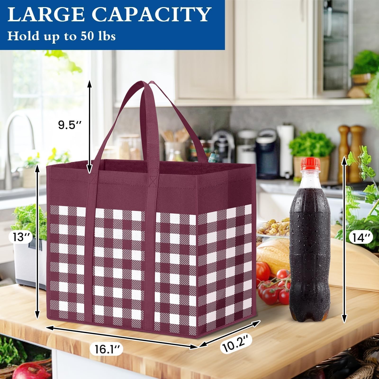 Reusable Grocery Shopping Bags 10 Pack Large Foldable Tote Bags Bulk Long Han...