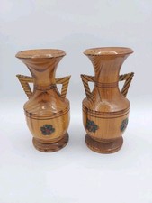 Vintage Folk Art Hand Turned Wood Bud Vases Pair Hand Painted Flower Rustic BOHO