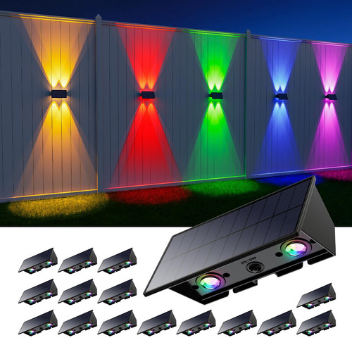 16 Pack Color Changing Solar Up and Down Fence Lights Outdoor Wall Mount Deco...