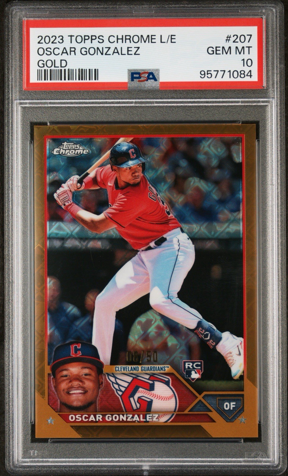 2023 TOPPS CHROME LOGOFRACTOR #207 OSCAR GONZALEZ GOLD REFRACTOR 8/50 PSA 10