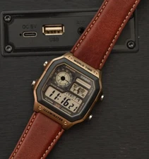 Casio AE-1200WHL-5A Digital Brown Leather World Time World Map Sporty Men Watch