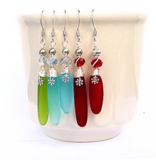 Sea Glass crystal short / long dangle drop silver plated earrings YOU PICK