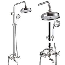 Brushed Nickel Shower Faucet Set Exposed Rain Shower System Fixture Wall Mounted
