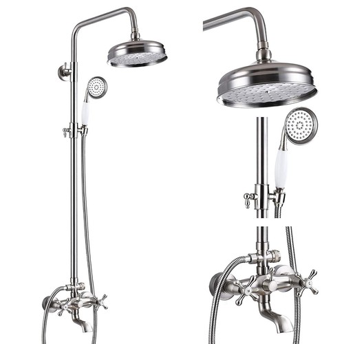 Brushed Nickel Shower Faucet Set Exposed Rain Shower System Fixture Wall Mounted - 第 1/11 張圖片