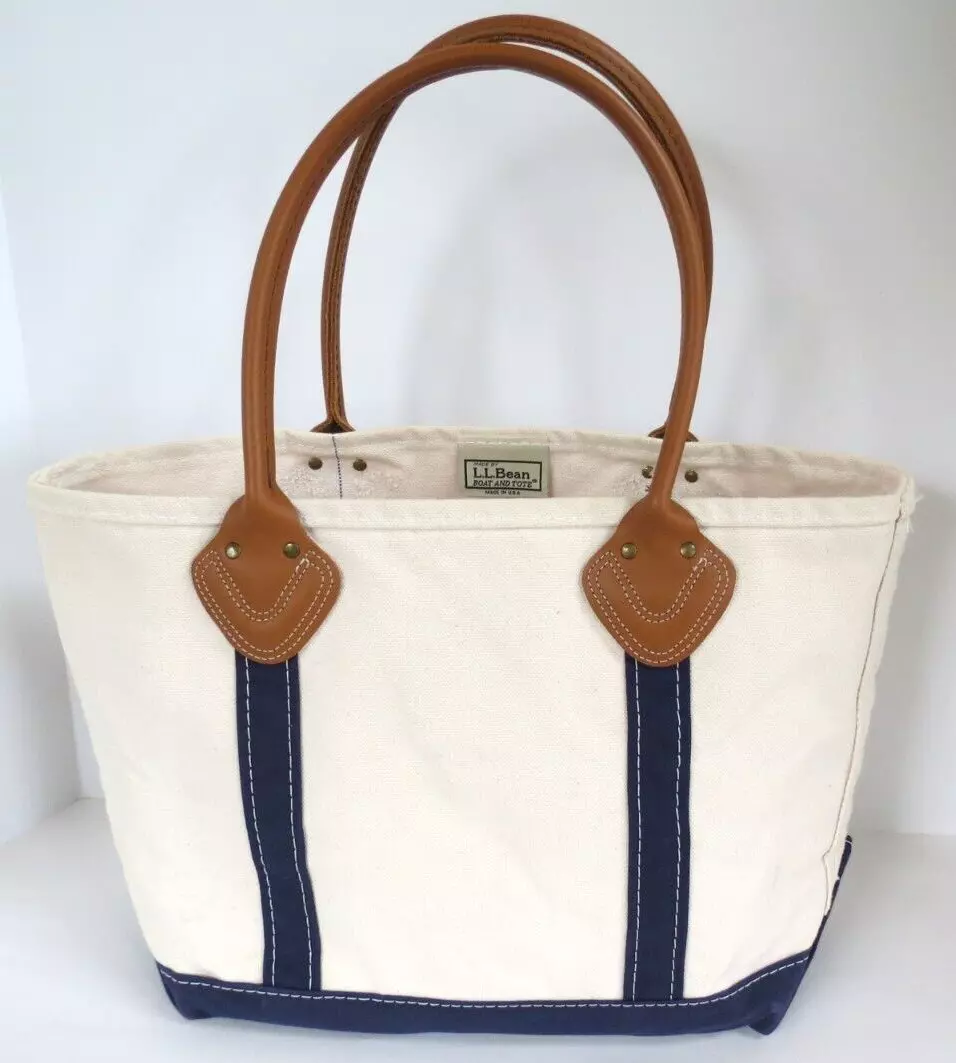 Vintage LL Bean Boat Tote Bag with Full Grain Leather Handles Navy Blue Trim